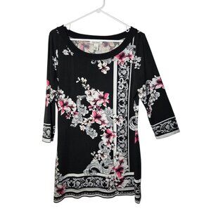 WHBM Black White Pink Floral Boat Neck 3/4 Sleeve Stretch Shift Mini Dress L